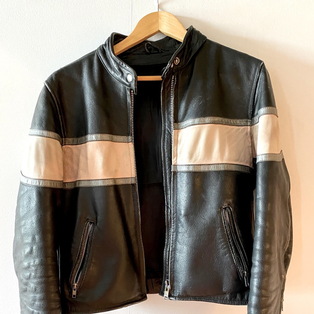Sexy Vintage leather motorcycle jacket; black and blush pink; removable liner